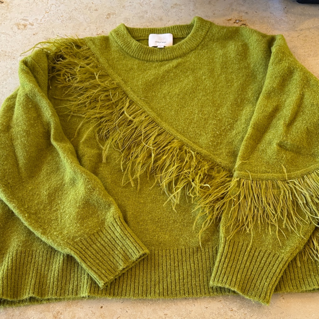 Cinq A Sept Green Feather-Trimmed Sweater